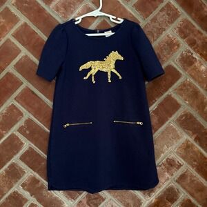 Gymboree‎ Dress Girls 6 Navy Blue Sequin Horse Ribbed Knit Short Sleeve Shift